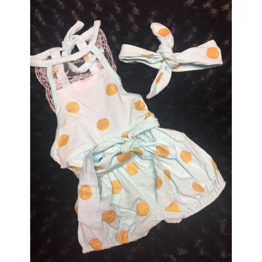 Aqua & Gold Lace Belted Bubble Romper w/Matching headband  60313 3T NWT Boutique